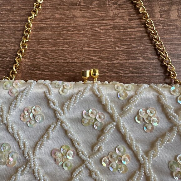 Vintage Cream Convertible Clutch Evening Bag With Sequins & Beads Hand Made - Picture 5 of 11